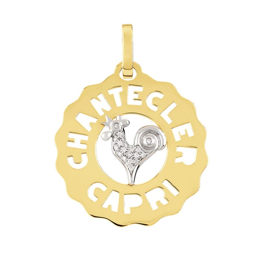 Gioielli Chantecler | Ciondolo Logo Medio Gallo In Oro Giallo E Bianco 18Kt E Diamanti